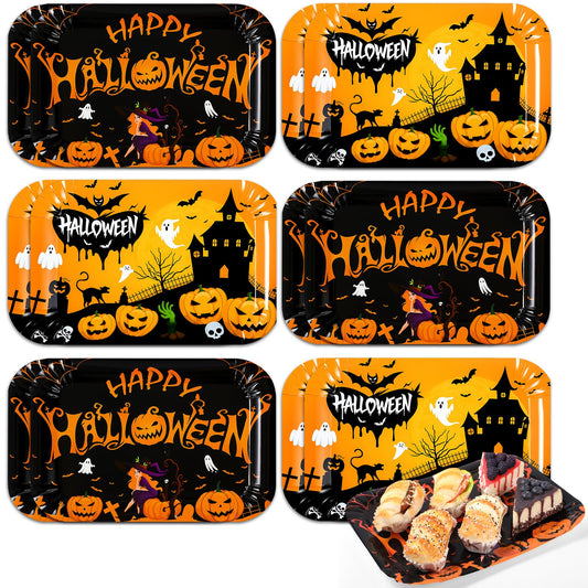 Maitys 12 Pcs Halloween Serving Trays 13 x 9 Inch Large Paper Food Trays Black Orange Pumpkin Bat Ghost Dessert Cupcake Platters for Halloween Movie Night Birthday Party Supplies Table Decorations
