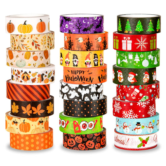 Whaline 24 Rolls Fall Halloween Christmas Washi Tape 3 Holidays Masking Tape Leaves Pumpkin Ghost Snowflake Santa Decorative Tapes for Thanksgiving Autumn Winter Xmas Scrapbook Journal DIY Art Craft