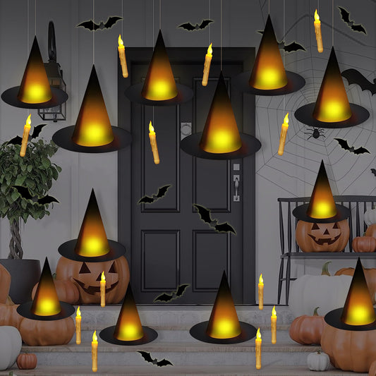 Black Halloween Witch Hat with Light Floating Light Up Witch Hats with Flameless Taper Candles (with Common Remote) 3D Bats Wall Stickers Decorations Witch Costume Accessory for Halloween Party