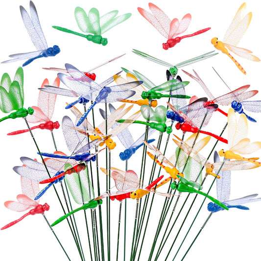 VGOODALL 24PCS Dragonfly Garden Stakes, Plastic Garden Decorations 4 Colors Dragonfly Ornaments for Indoor Outdoor Yard