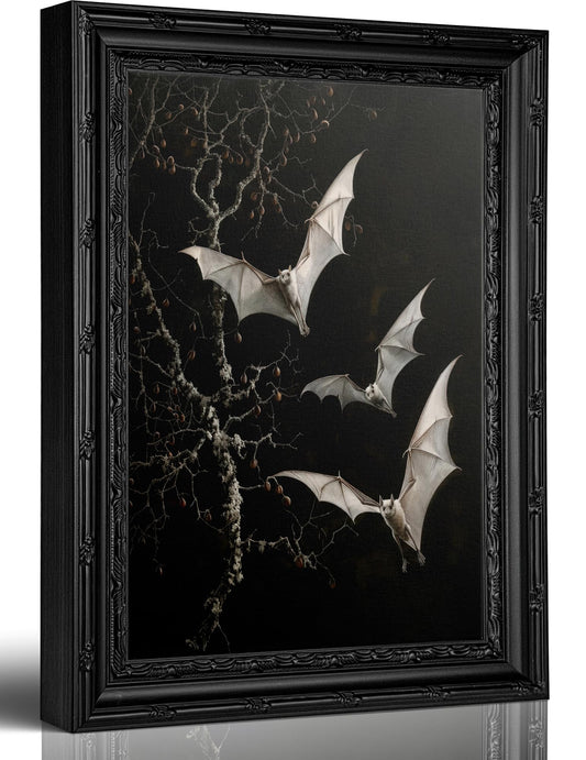 Gothic Bat Wall Art, Dark Academia Three Bats in Tree Framed Canvas Wall Decor, Vintage Halloween Poster Print for Home, Living Room, Bedroom, 9x11 Inch