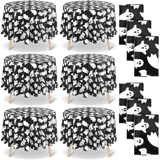 Ganeen 6 Pcs Halloween Plastic Tablecloths 84 Inch White Black Ghost Disposable Table Cover Plastic Round Ghost Spooky Tablecloths Decoration for Halloween Baby Shower Party Supplies