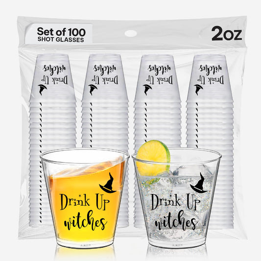 Drink Up Witches (Both Sides) Halloween Shot Glasses Disposable Set of 100, 2oz Each, Plastic Jello Halloween Shot Cups for Spooky Party Drinkware - Ideal Horror Glasses For Drinking Decorations