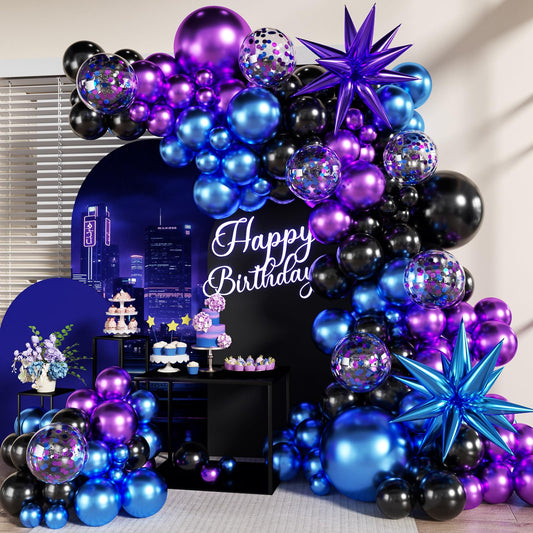 Black Purple Blue Balloon Garland Arch Kit, 140Pcs Metallic Blue Purple Teal Balloons Confetti Balloons with Stars for Fun Play Party Decorations Baby Shower Engagement Birthday Party Decorations
