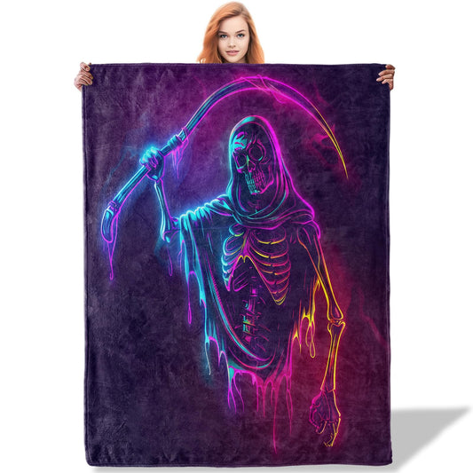 Plistiz Neon Grim Reaper Throw Blanket 50x60, Bold Halloween Design Blankets for Living Room Decor, Plush Flannel Polyester Spooky Gifts for Horror Enthusiasts and Adults