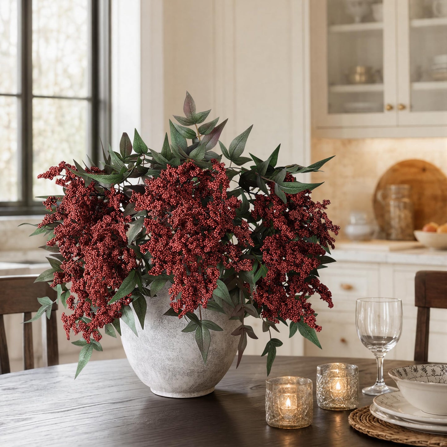 FancyPlus Artificial Flowers 35 Inch Artificial Nandina Berry Stem 3 Pcs Faux Flowers for Vase Realistic Sedum Spray for DIY Bouquet, Shower, Farmhouse, Mantel, Home Decor(Burgundy)