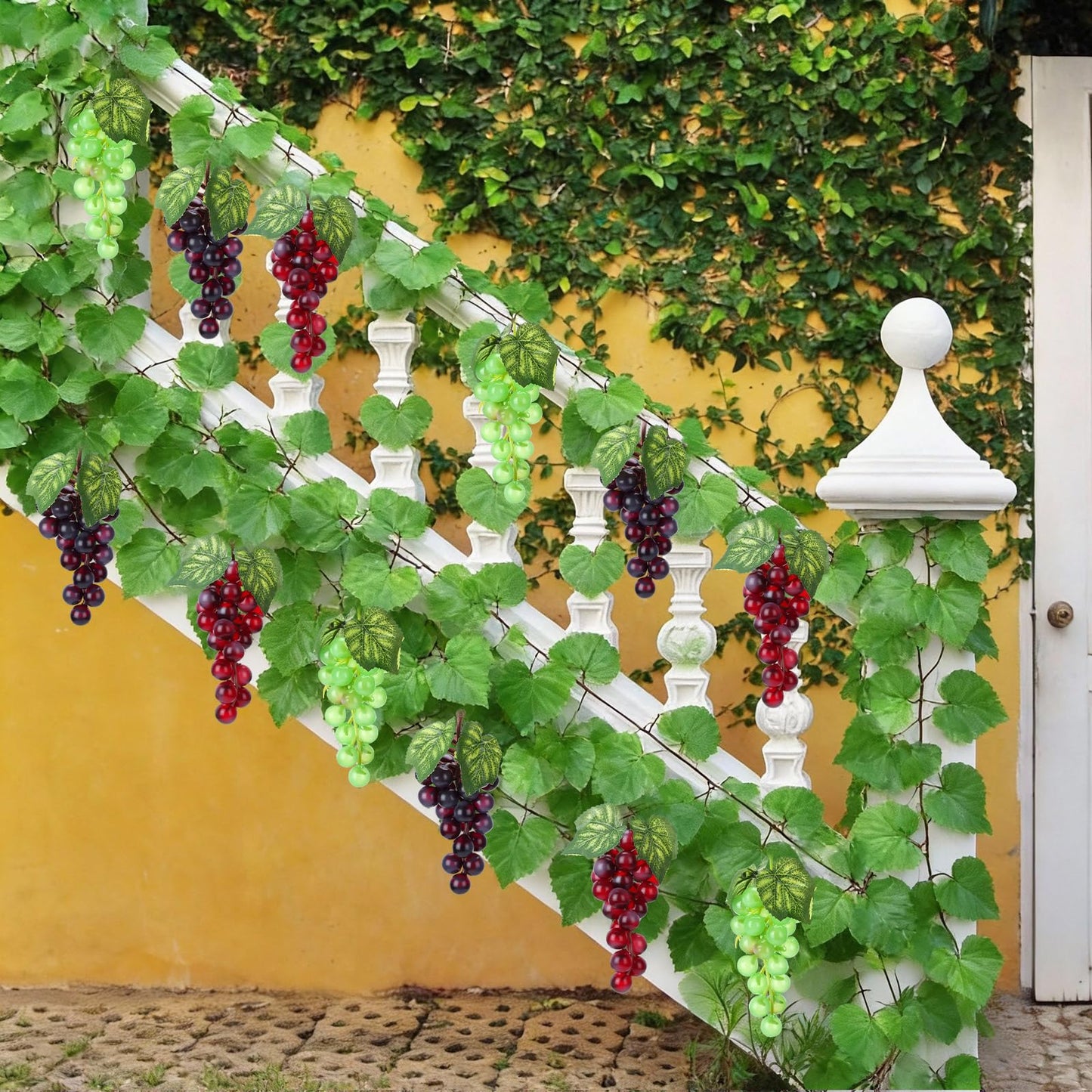 Wavyknot 30 Pack Artificial Fake Grapes with 12 Strands Faux Grape Vines Hanging Plant Leaves Realistic Fruits Decoration for Home Party Garland Wedding Outside Decor