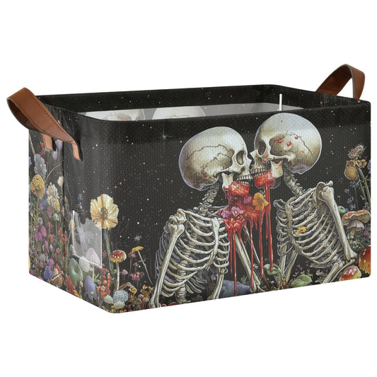 Black Skeleton Gothic Storage Bins for Shelves with Labels&Handles Halloween Organizer Bin Foldable Rectangle Storage Basket Black Goth Skull Boxes for Closet, Bathroom, Home, Living Room, Laundry