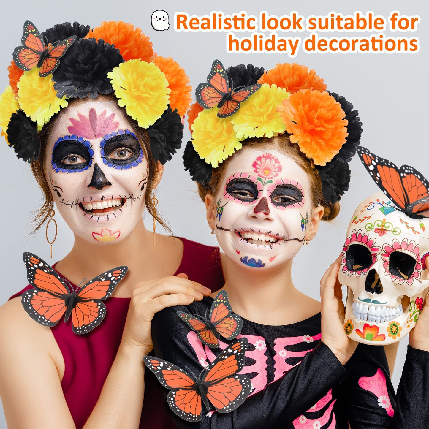 80 Pcs Artificial Marigold Flowers Monarch Butterfly Decorations Kit Dia De Los Muertos Decor Day of The Dead Decorations Include 20 Fake Butterflies for Crafts 60 Marigold Flowers for Diwali Mexican