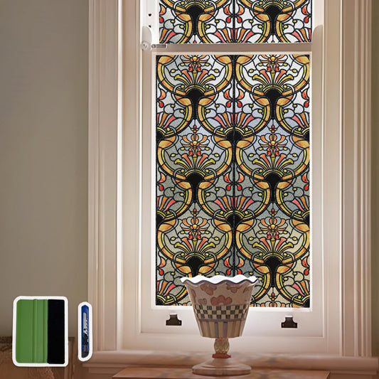Chicskin 3D Vintage Stained Glass Window Film with Tools, Decorative Window Privacy Film for Room/Door/Home Decor, Amber Tracery,11.02"X70.87"(28X180CM)