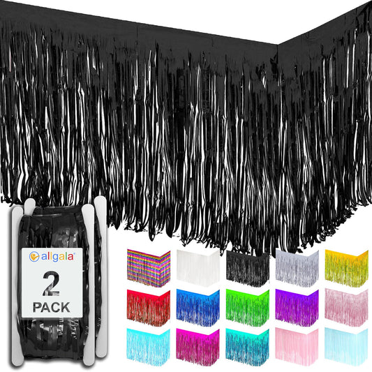 allgala Black Tinsel Table Skirt 2-Pack 29x108 Inch Metallic Foil Fringe Table Skirts for Party Event, Parade Float, Party Decoraton