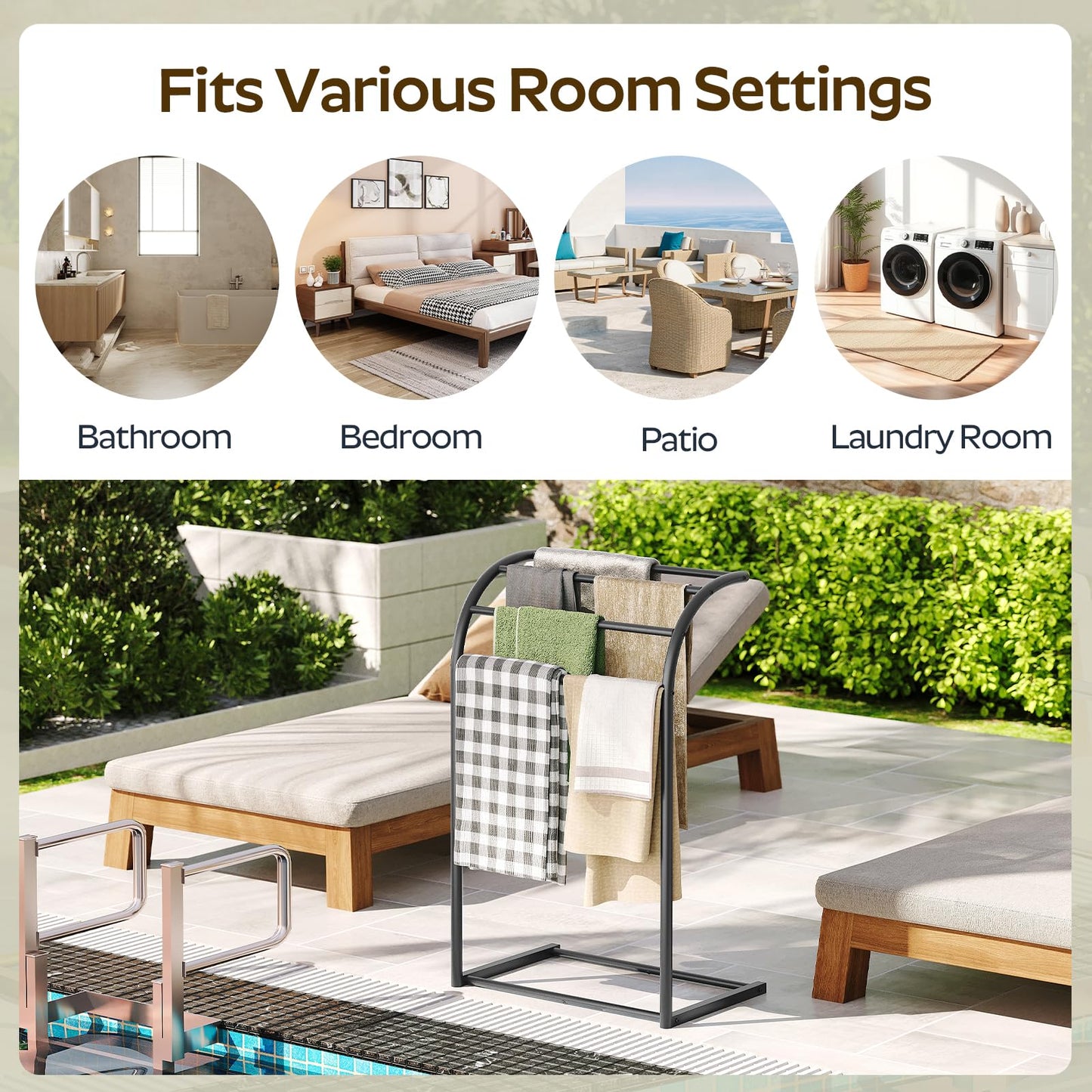 YATINEY Free Standing Towel Rack, 4-Tier Blanket Rack for Bathroom, Pool Towel Stand Display and Drying Rack, Modern Towel Blanket Storage Organizer, Black CJ07BK