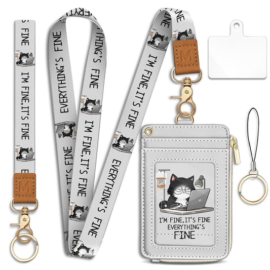 Mavellin Lanyard Wallet with Id Badge Holder, Funny Cat RFID Small Keychain Wallet Women Wristlet, Cute Zipper Credit Card Holder Phone Wrist Neck Strap for Key Name Tag, Teacher Office Work Gifts