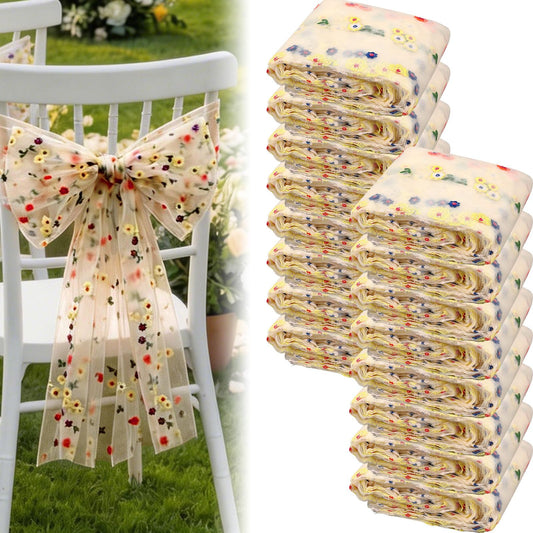 Jecery 16 Pcs Wedding Chair Decorations, Yellow Wildflower Chairs Sashes 6 x 108 Inch, Embroidered Tulle Chair Bows Ribbon Ties for Wedding Chairs Decor, Rustic Decor, Bridal Shower, DIY Craft