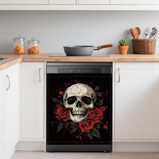 Gothic Skull Dishwasher Magnets Decorative Cover,Halloween Red Rose Flower Waterproof Magnetic Dishwasher Cover Panel,Refrigerator Magnet Cover for Kitchen Home Decor 23x26 Inch