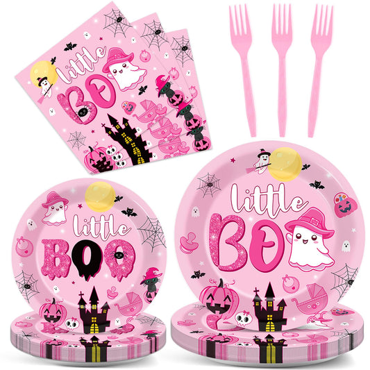 ZOIIWA 96PCS Halloween Little Boo Baby Shower Party Tableware Set for Girls Ghost Party Supplies for 24 Guests Disposable Pink and Black Boo Dinnerware Plates Napkins Forks for Halloween Party Favors