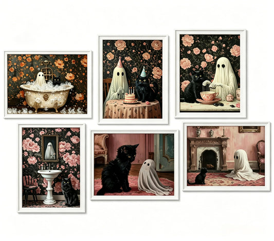 DULASI Set of 6 Cute Ghost Black Cat Wall Art, Vintage Spooky Halloween Prints, Pink Floral Dark Academia Decor, Funny Ghost & Black Cat Bathroom Bedroom Paintings, 8x10in, Unframed