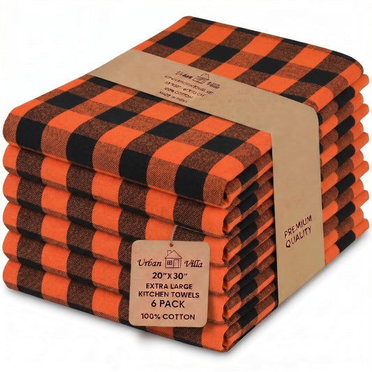 Urban Villa Halloween Kitchen Towels Set of 6 Dish Towels Size 20''x30'' Buffalo Checks Orange/Black 100% Cotton Highly Absorbent Quick Drying Dish Cloths & Dish Towels with Hanging Loop Tea Towels
