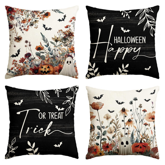 AVOIN colorlife Halloween Horror Wildflowers Ghost Throw Pillow Covers, 18 x 18 Inch Pumpkin Bat Holiday Cushion Case Decoration for Sofa Couch Set of 4