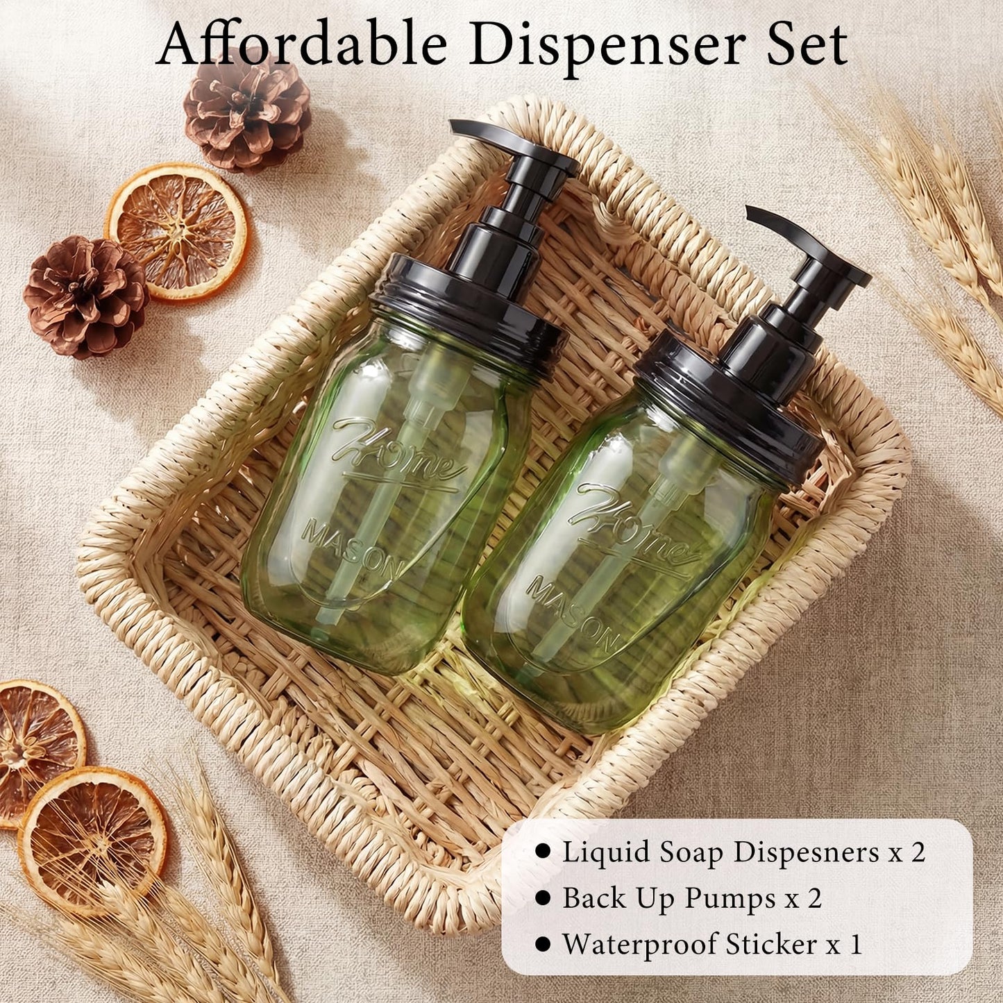 Amolliar Plastic Mason Jar Soap Dispenser with Pump Lid,16OZ Refillable Hand Soap Dispenser Set with Cute Lables - Farmhouse Decor for Kitchen Bathroom, Liquid Soap, Dish Soap, Lotion (2 Pack, Green)