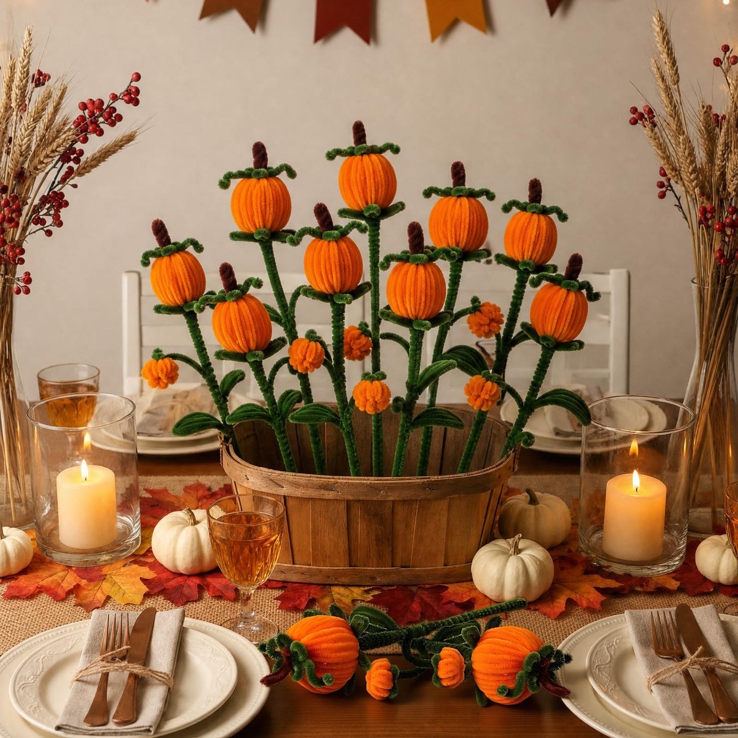 Wavyknot 12 Pcs Pipe Cleaners Fall Pumpkin Floral Picks 11.2'' Autumn Flower Branches Decorations Pumpkin Themed Table Centerpieces Decor for Harvest Halloween Thanksgiving Party Farmhouse Home Decor