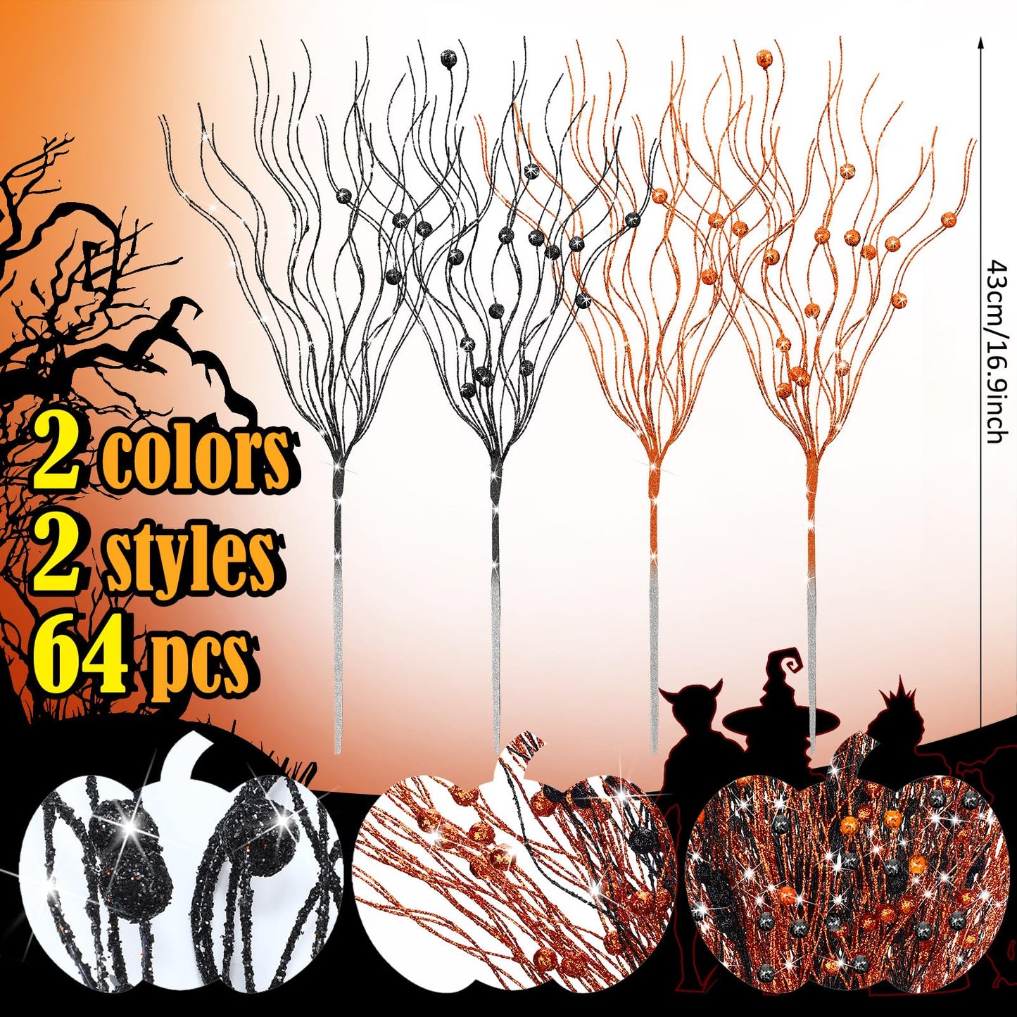 Giegxin 32 Pack Halloween Black Orange Artificial Glitter Berry Stem, 17 Inches Fall Thanksgiving Floral Picks Branches for Halloween Autumn Holiday Vase Filler Home Table Centerpieces DIY Decoration