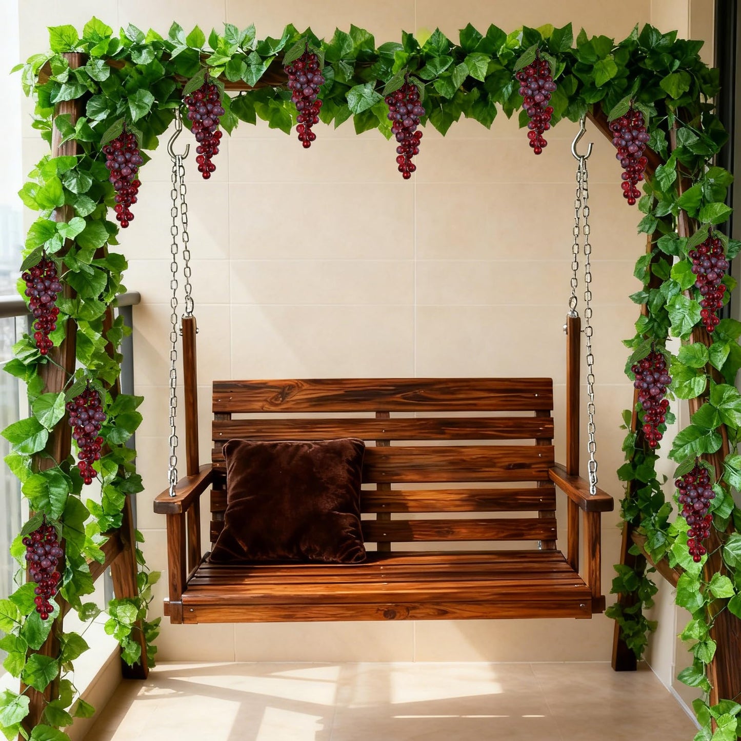 5Pcs 36 Leaves Artificial Greenery Garlands Hanging Leaves with 5 Strings 36 Purple Grapes for Faux Grape Leaf Garland Vine Plants for Indoor Outdoor Wedding Garden Home Party Wine Rack Decor
