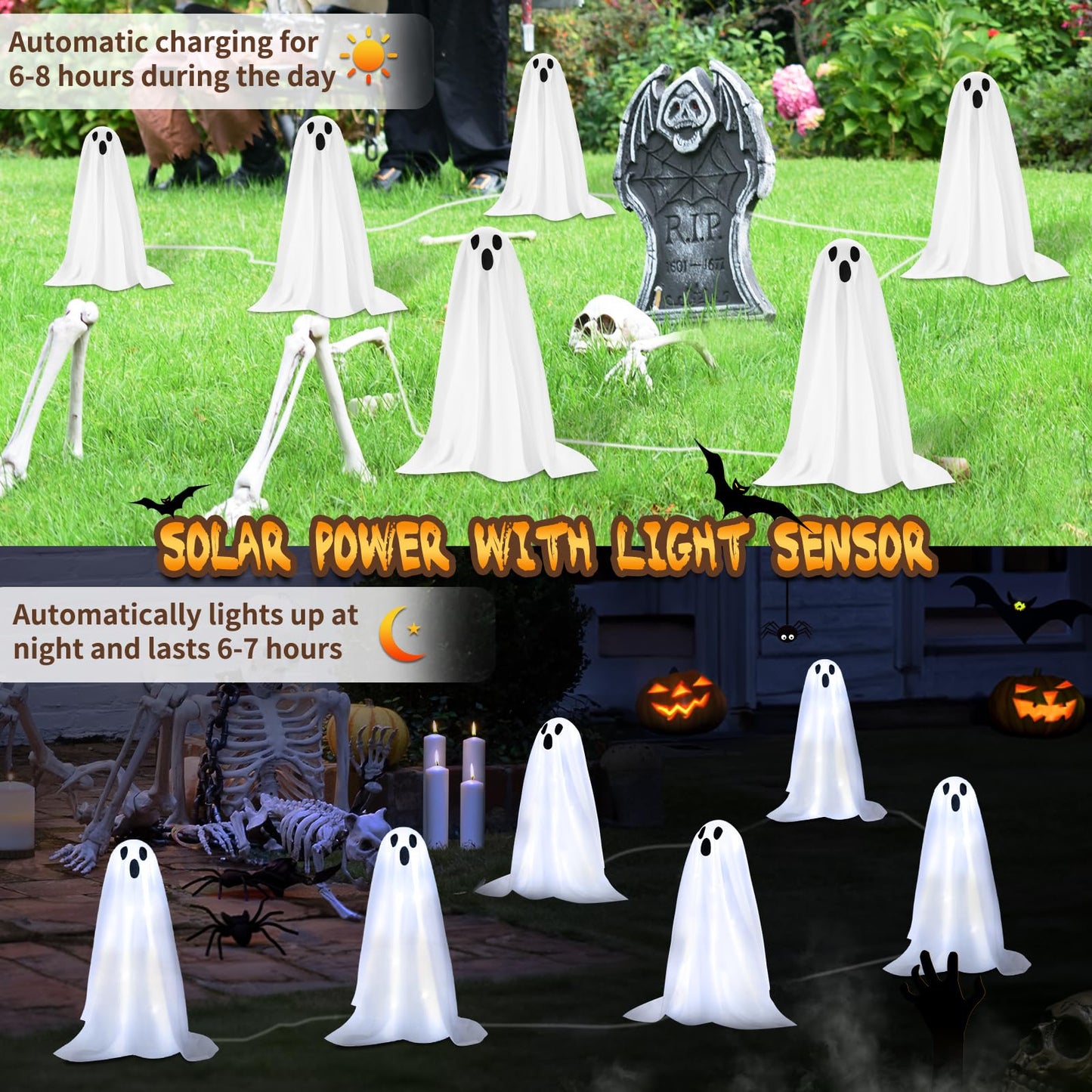 Halloween Decorations, 6 Pack 18.9'' High Solar Small Ghost String Stake Lights 12.8 FT, White Small Cloth Ghost Stakes with 8 Lighting Modes and Waterproof Outdoor Garden/Yard Path Lights, Clod Light