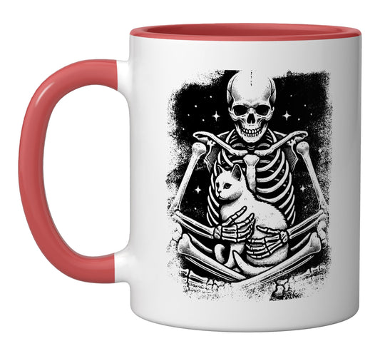 Skeleton Holding A Cat Lazy Halloween Costume Cat Lovers Ceramic Mug, Red/White