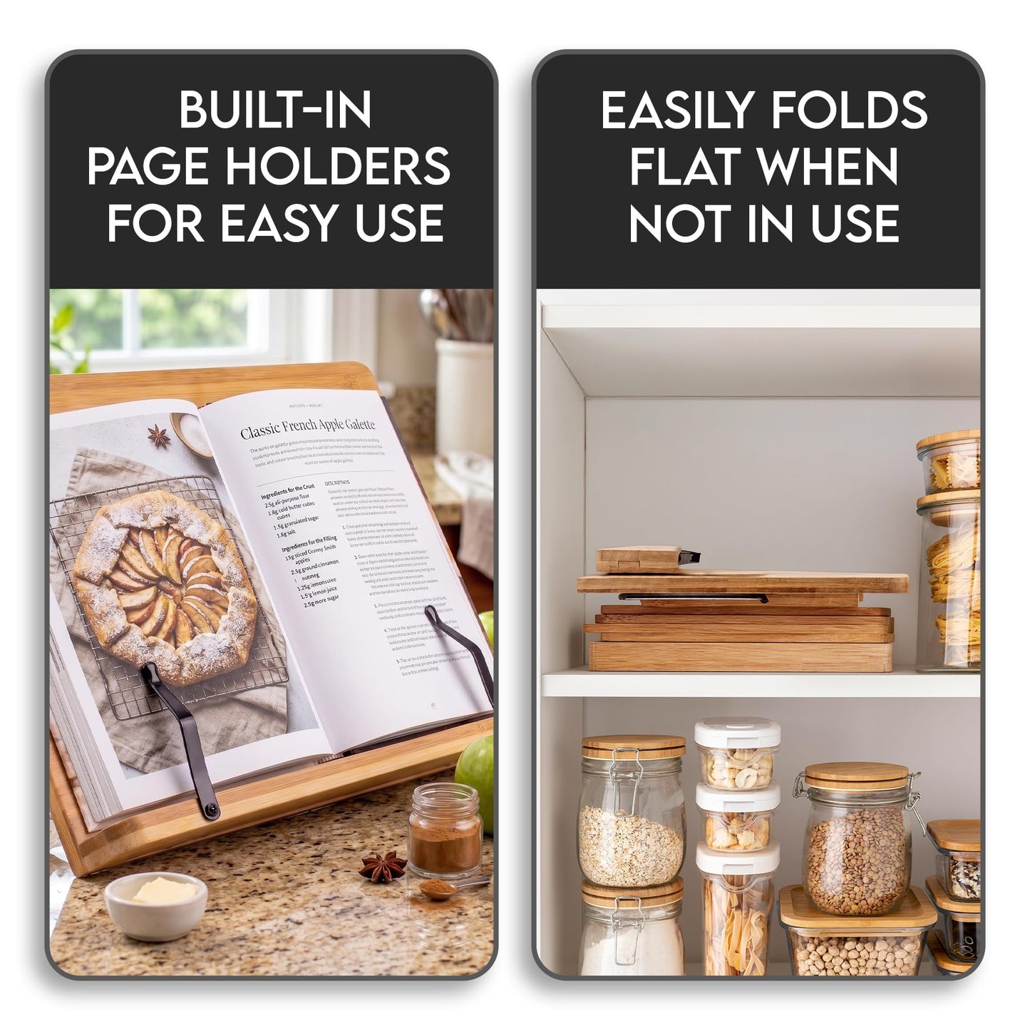 Bamboo Cookbook Stand Large, Adjustable Book Holder Tray and Page Paper Clips - Walnut Color Large - 4-Position Recipe Book Stand Holds Thick Books for Kitchen Counter, Reading, Studying - Foldable
