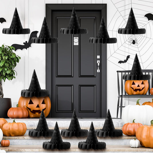 Fourluoo 12 Pcs Halloween Hanging Decor Honeycomb Decorations Halloween Hanging Paper Ornament Reusable Scary Party Decor Paper Lanterns for Indoor Outdoor(Witch Hat)