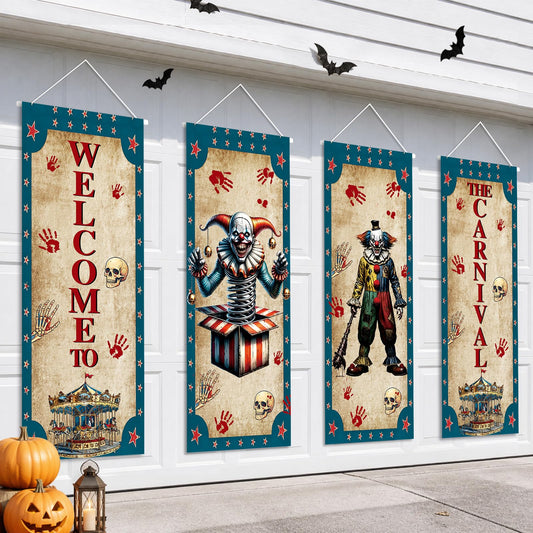 4Pcs Halloween Carnival Decorations Porch Banners, Blue Vintage Clown Hanging Flags 15.7 x 40.9 Inches, Circus Wall Signs for Doorway, Window, Haunted Party Backdrop