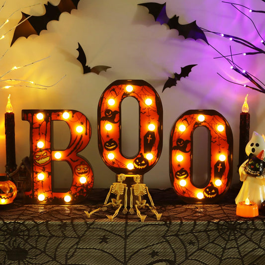 Boo Sign Light Up Halloween Mantel Decor - 8.5 Inch Boo LED Marquee Letters Halloween Decorations Indoor - Battery Operated Lights for Kitchen Table Bedroom Living Room Home Wall Party Decor, Black