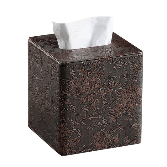 Square Tissue Box Cover, Stylish Leather Tissue Box Holder with Magnetic Bottom, Used As A Decorative Tissue Holder for Living Rooms, Bedrooms, and Desks (Brown Grape Pattern)