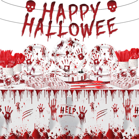 Peryiter 171 Pcs Halloween Party Supplies Disposable Tableware Set Halloween Plate Cup Napkin Spoon Fork Knives Banner Plastic Tablecloth Dinnerware Kit for Party Decorations Serves 24 (Bloody Zombie)