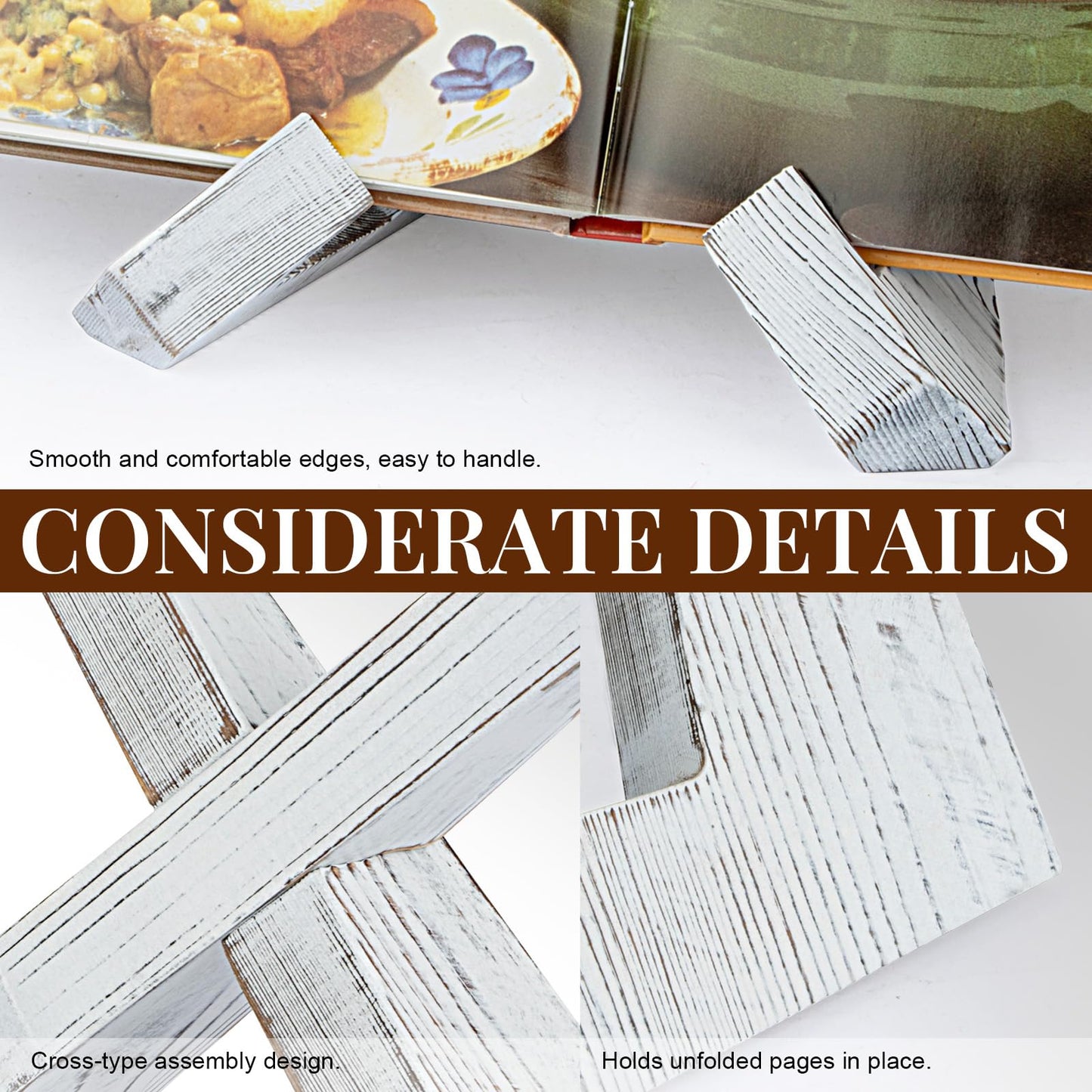 PUERSI Cookbook Stand for Kitchen, Recipe Book Holder for Kitchen Counter, Wooden Cookbook Holder, Rustic Cook Book Holder Stand - Farmhouse White - 1 Set