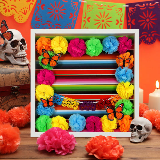 AceOrbit 12"x12" Mexican Ofrenda Memorial Shadow Box with Marigold Flower Monarch Butterfly Papel Picado Banner for Dia De Los Muertos Altar Day of the Dead Decor(Colorful)