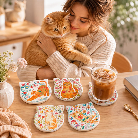 LemonRoad 4 Pack Cat Ear Coasters for Drinks 4.25 Inch Cute Absorbent Ceramic Coasters Non-slip Wooden Base for Housewarming Cat Lovers Gifts Kitchen Home Office decorate for Cold Drinks Wine Mugs Cup