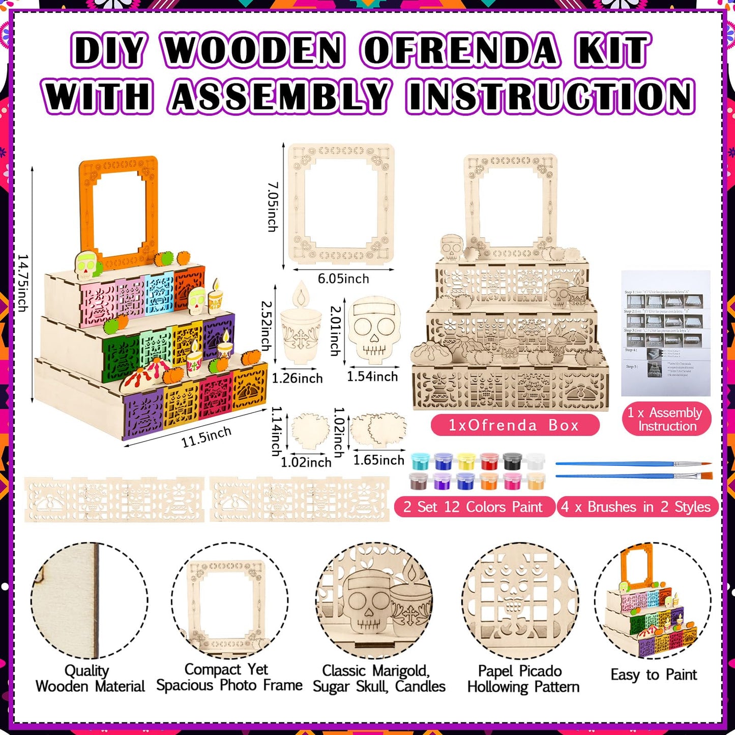 Geelin Dia De Los Muertos Altar Ofrenda Wooden Box with Painting Set DIY Wooden Day of Dead Decorations with Photo Frame Remembrance Memory Shadow Box for Home Halloween Party Gifts(Classic)