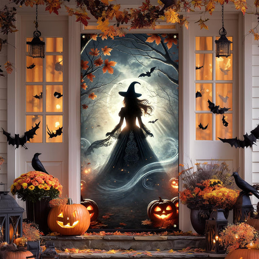 INV Halloween Witch Door Cover 35x71 Inch Double Sided Spooky Door Decoration with Witch Silhouette, Full Moon for Indoor Outdoor Haunted House Decor