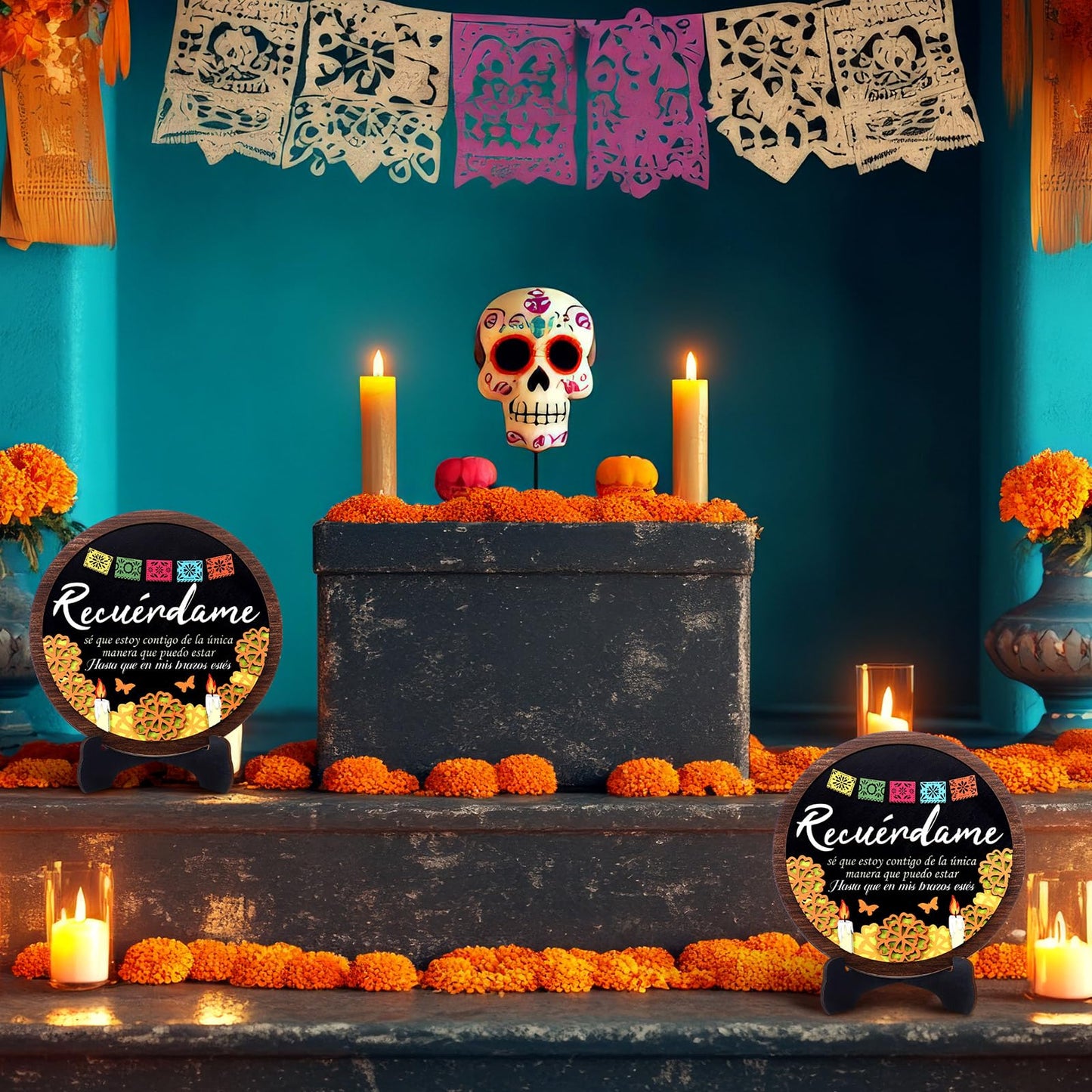 Bucherry Day of the Dead Decorations Altar Dia De Los Muertos Wood Ofrenda De Muertos Decorations with Stand Remembrance Supply for Halloween Mexican Day of the Dead Party Decor