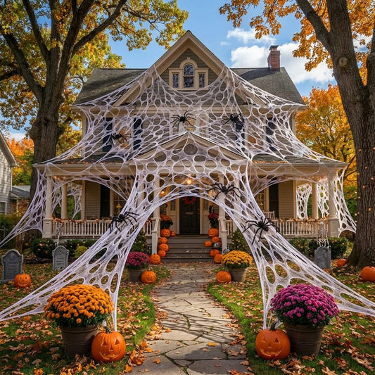 wymulot 1600 Sqft （After Streched with Holes） Uncut Giant Spider Web Halloween Decorations Outdoor with 10 Ground Nails Stretchy Beef Cloth Netting Cut-Your-Own Flexible Elastic for Yard Party Decor