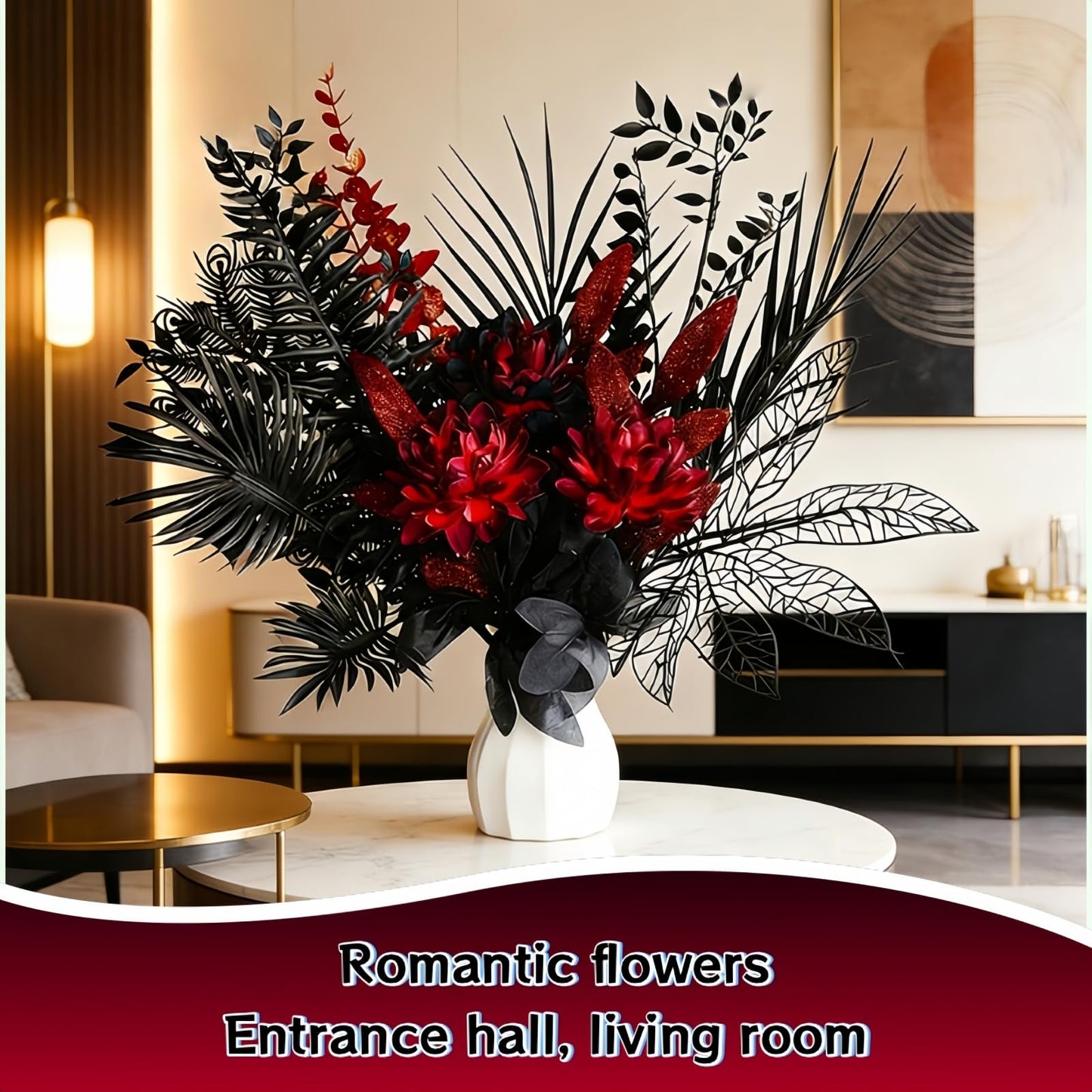 Gothic Black Red Artificial Flower Bouquets, 16-Stems Faux Silk Dahlia, Hollowed Foliage，Shining Eucalyptus Leaves, Dark Style, Themed Party，Bar Decoration，Halloween, Romantic Wedding (Without vases)