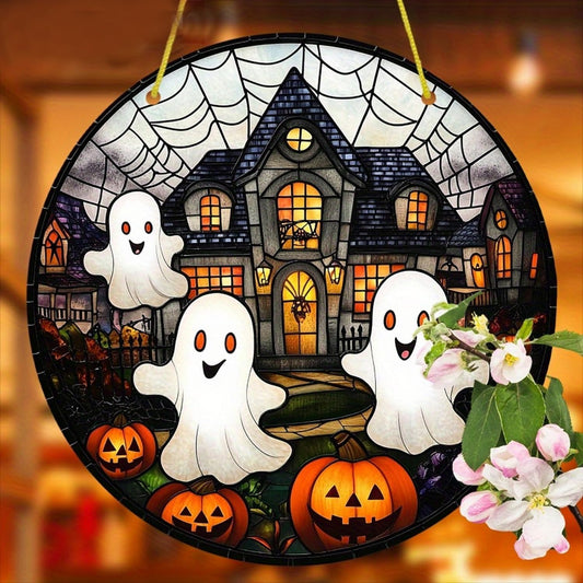 7.9inch Cute Halloween Suncatcher for Window Hanging,Ghost Pumpkin Castle Acrylic Suncatcher with Chain Halloween Window Decor for Home, Garden, Housewarming Round Ornament, Gift for Women Friend