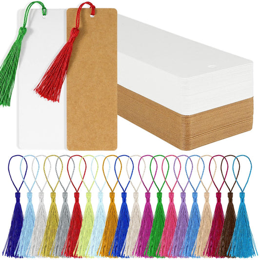 JHZMCRX 100 Pcs Paper Bookmarks Blank with 100 Pcs Colorful Tassels, Cardstock Book Marks Bulk, Bookmark for DIY Arts Crafts Projects Reading Books Tags Decorations White and Brown