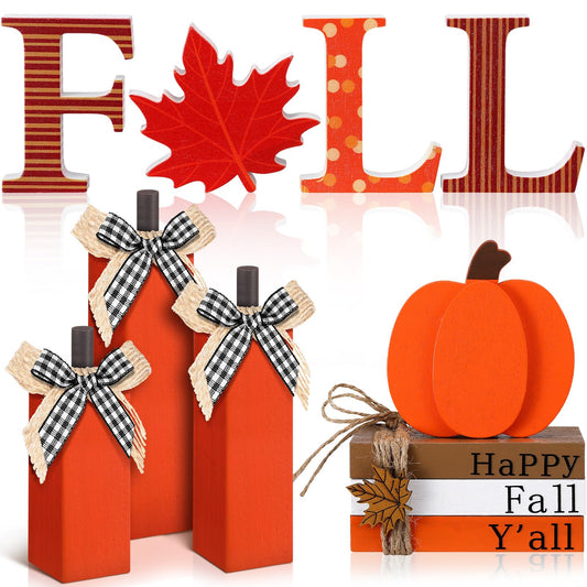 FoldTier 11pcs Thanksgiving Fall Decorations for Home Pumpkin Tiered Tray Decor Fall Table Decoration Maple Leaf Wooden Sign Autumn Pumpkin Tabletop Stack Faux Books Centerpiece for Shelf Harvest