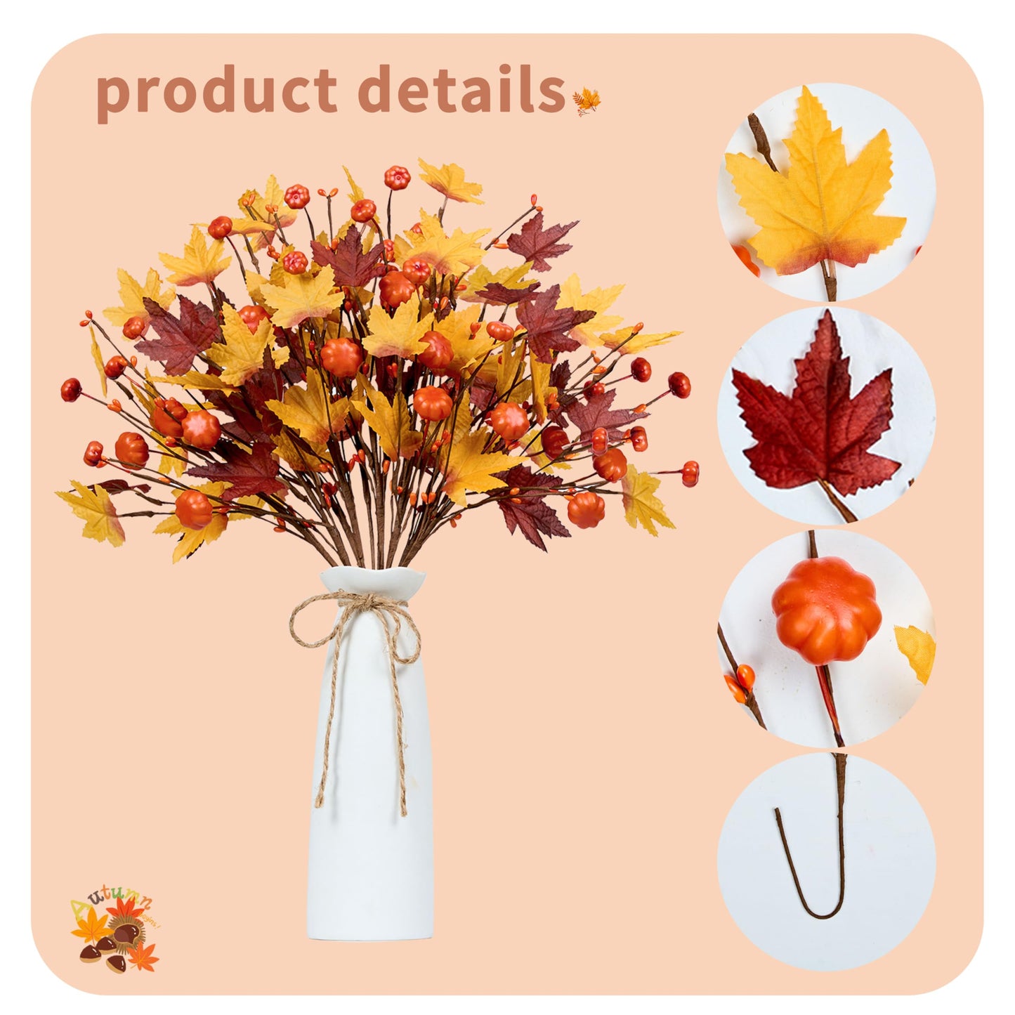 WSTPUPU Artificial Fall Stems10 PCS Fall Floral Picks 17Inch Autumn Berry Stems with Maple Leaves Suitable for Dining Tables Vase Center Decoration Thanksgiving and Harvest Festival