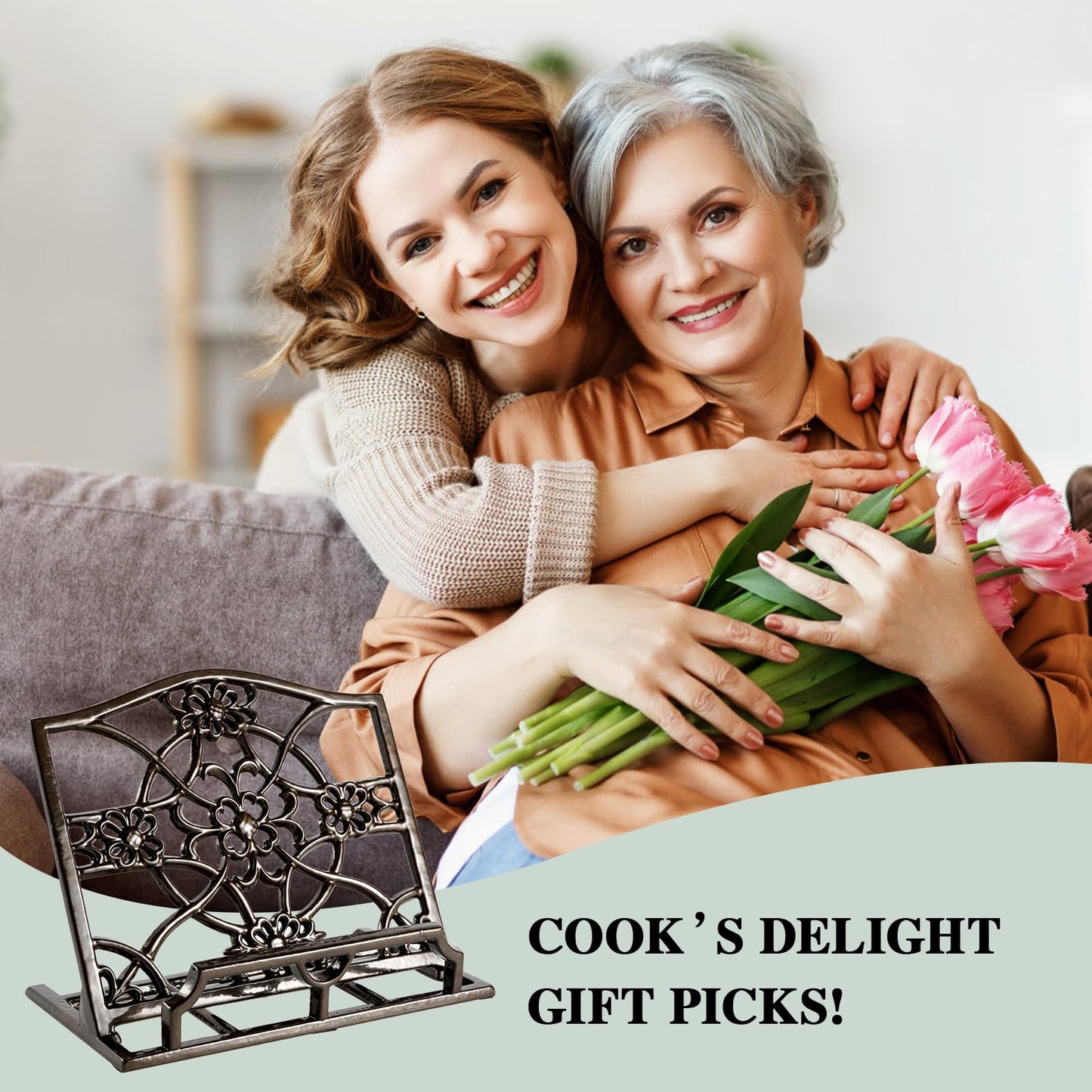 JOGREFUL Cookbook Stand, Cast Iron Heavy-Duty Recipe Book Holder, Kitchen Vintage Recipe Book Holder, Reading Rest Holder for Easel/Counter/Books/Magazine/iPad/Bible, Flower Pattern, Coffee Gold