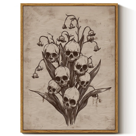 InSimSea Framed Canvas Prints Art Vintage Decor, Gothic Skull Flowers Painting, Rustic Dark Academia Wall Art for Bathroom, Halloween Living Room Witchy Room Wall Cottagecore Decor, 12x16inch