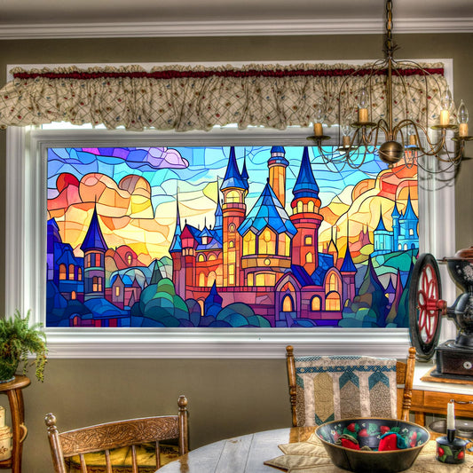 HOMETITUTE Stained Glass Castle Pattern Rainbow Window Film 39.3x17.7 inches Non-Adhesive Removable Reusable for Glass Door Home and Office Bedrooms PVC Static Cling Sticker